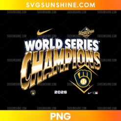 Milwaukee Brewers 2026 World Series Gold Champions PNG featuring metallic gold Champions lettering, white World Series text, and a navy blue and yellow Brewers-inspired glove emblem.