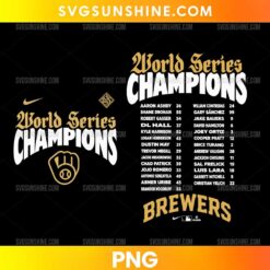 Milwaukee Brewers 2026 World Series Roster PNG featuring gold and white Champions lettering, a Brewers-inspired glove emblem, and baseball player names and numbers.