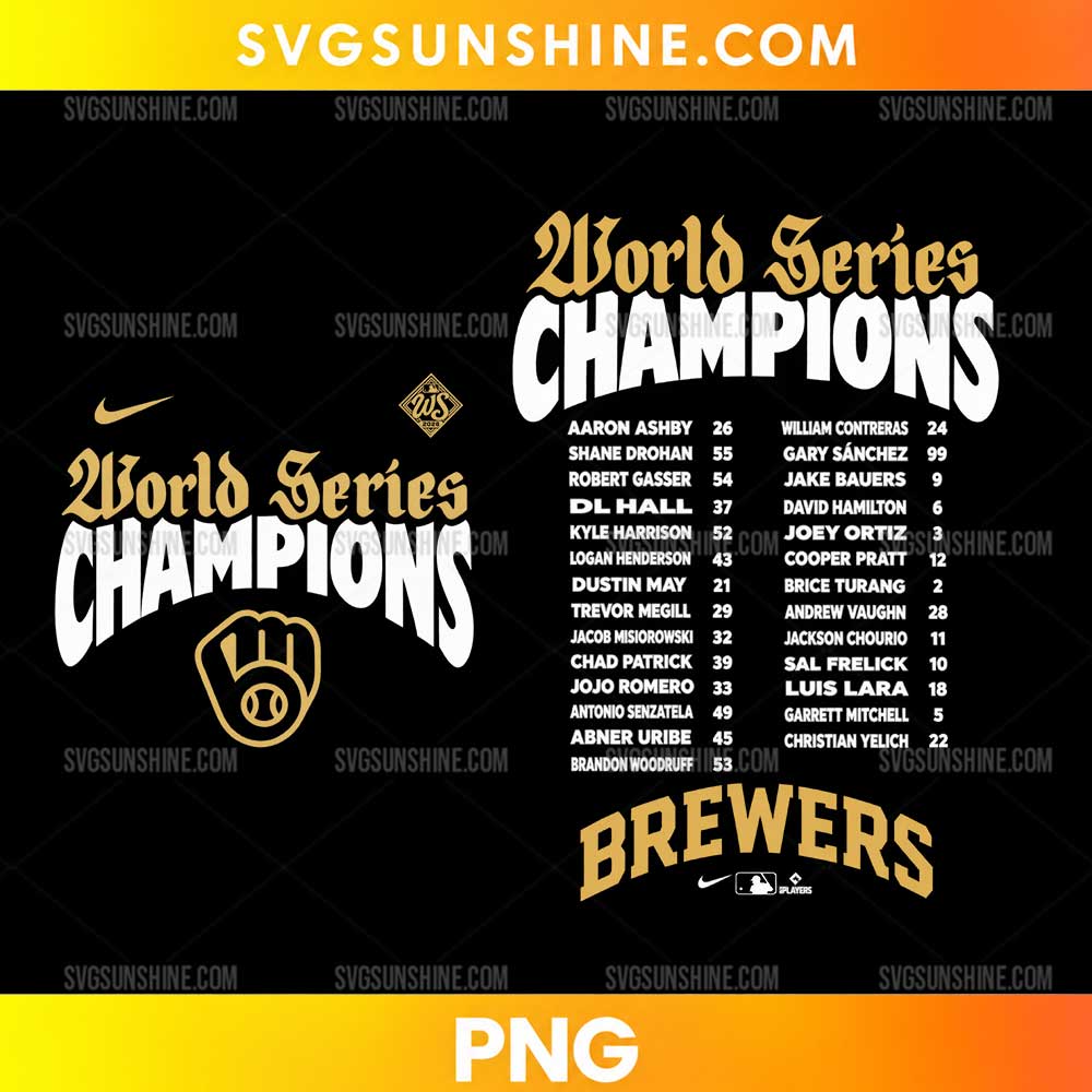 Milwaukee Brewers 2026 World Series Roster PNG featuring gold and white Champions lettering, a Brewers-inspired glove emblem, and baseball player names and numbers.