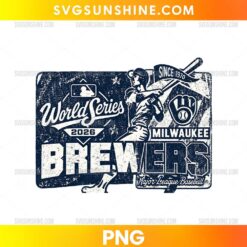 Milwaukee Brewers 2026 World Series PNG featuring distressed navy-and-white lettering, a vintage baseball batter, and a Brewers-inspired glove emblem.