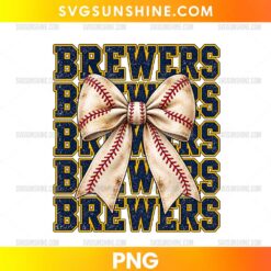 Milwaukee Brewers Baseball Bow PNG featuring repeated navy blue and gold Brewers lettering with a cream baseball bow and red stitching.