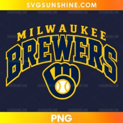 Milwaukee Brewers Baseball PNG featuring arched navy blue lettering, golden yellow outlines, and a baseball glove holding a white baseball