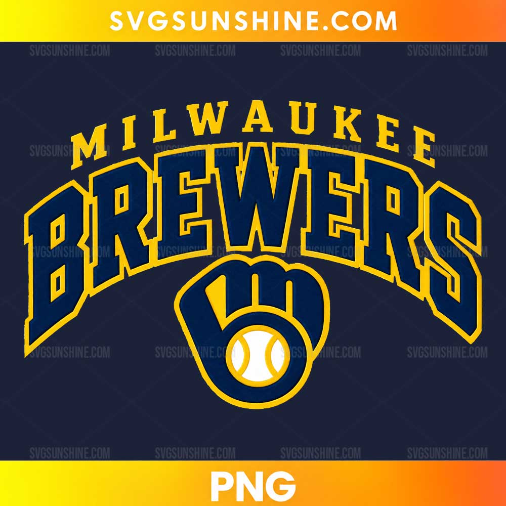 Milwaukee Brewers Baseball PNG featuring arched navy blue lettering, golden yellow outlines, and a baseball glove holding a white baseball