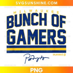 Milwaukee Brewers Bunch of Gamers PNG with bold navy blue lettering, golden yellow outlines, horizontal stripes, and a signature-style graphic