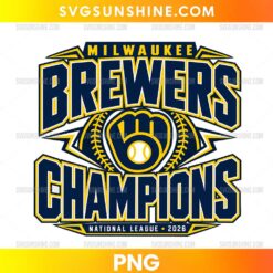 Milwaukee Brewers Champions 2026 PNG featuring navy blue and gold lettering, a baseball glove, and National League championship text.