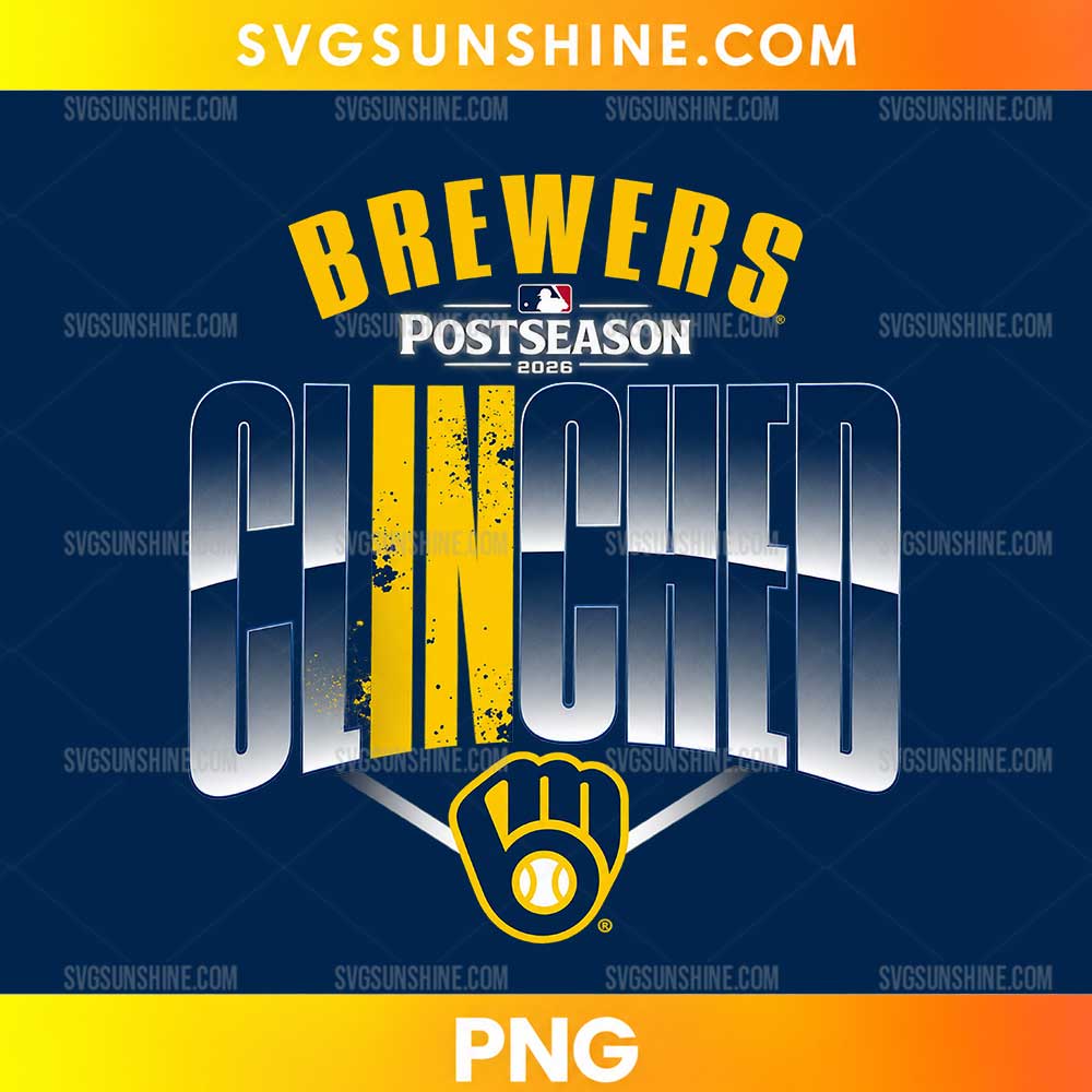 Milwaukee Brewers Clinched PNG with large silver lettering, gold accents, navy blue background, and a baseball glove emblem