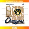 Milwaukee Brewers Golden Trophy 2026 PNG featuring a metallic gold World Series trophy, navy blue and yellow glove emblem, and Champions script lettering.