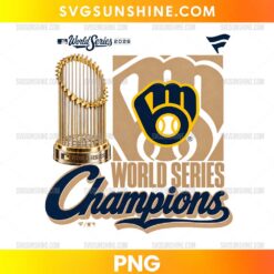 Milwaukee Brewers Golden Trophy 2026 PNG featuring a metallic gold World Series trophy, navy blue and yellow glove emblem, and Champions script lettering.