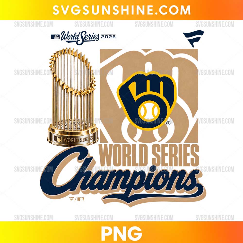 Milwaukee Brewers Golden Trophy 2026 PNG featuring a metallic gold World Series trophy, navy blue and yellow glove emblem, and Champions script lettering.