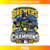 Milwaukee Brewers National League Champions 2026 PNG featuring baseball player illustrations, a Brewers-inspired glove emblem, stadium scenery, and gold lettering.