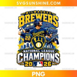 Milwaukee Brewers National League Champions 2026 PNG featuring baseball player illustrations, a Brewers-inspired glove emblem, stadium scenery, and gold lettering.