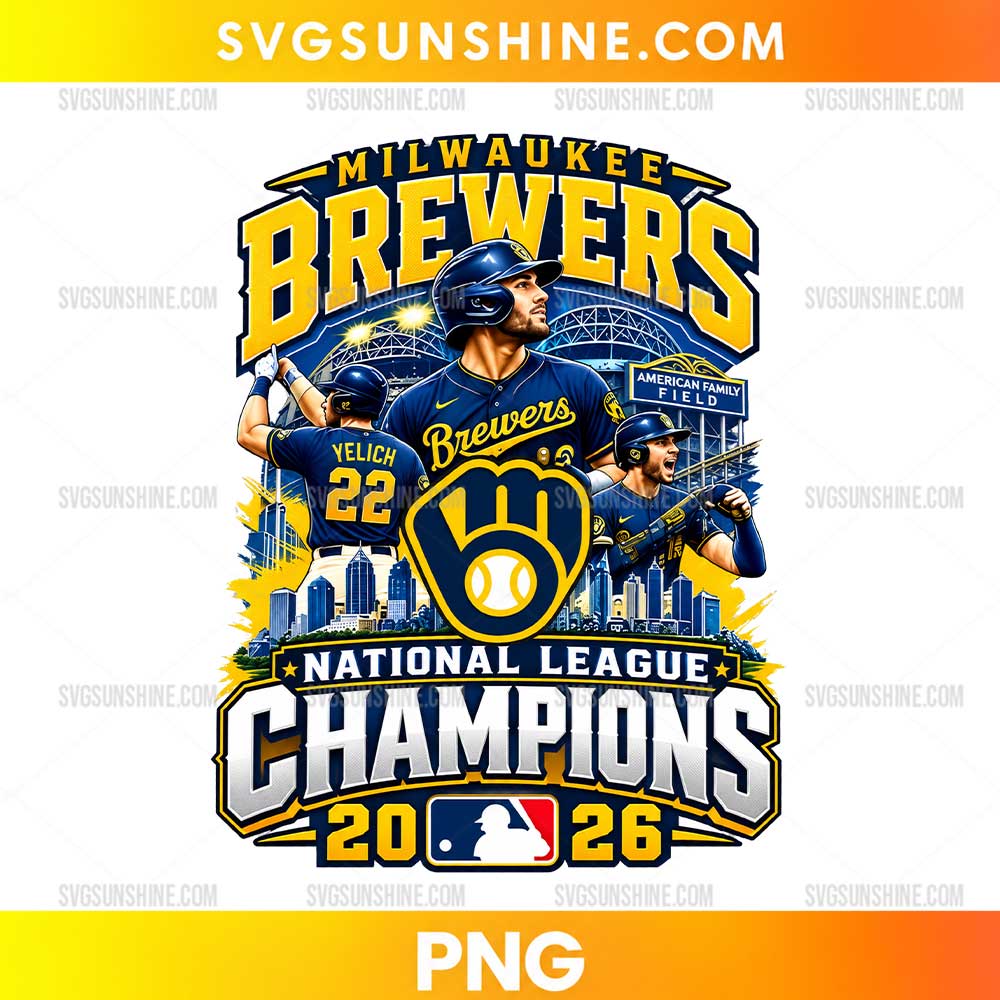 Milwaukee Brewers National League Champions 2026 PNG featuring baseball player illustrations, a Brewers-inspired glove emblem, stadium scenery, and gold lettering.