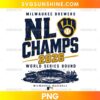 Milwaukee Brewers NL Champs 2026 PNG featuring distressed navy lettering, a golden baseball glove emblem, and a detailed stadium illustration