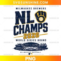 Milwaukee Brewers NL Champs 2026 PNG featuring distressed navy lettering, a golden baseball glove emblem, and a detailed stadium illustration