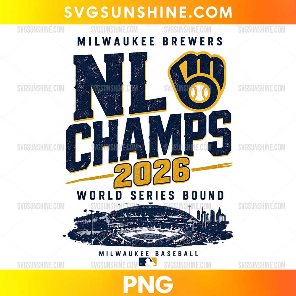 Milwaukee Brewers NL Champs 2026 PNG featuring distressed navy lettering, a golden baseball glove emblem, and a detailed stadium illustration