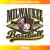 Milwaukee Brewers Baseball PNG featuring vintage navy blue and gold lettering, a leather baseball glove, crossed bats, and a baseball