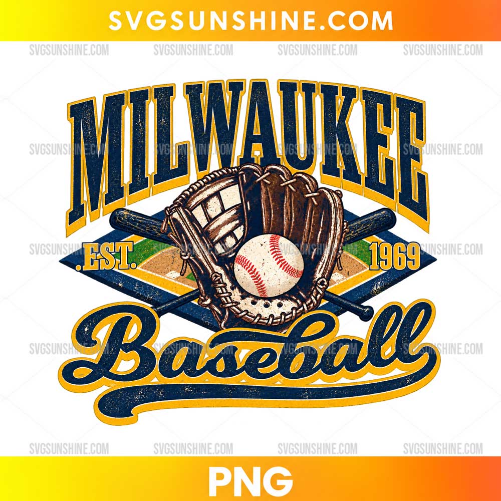 Milwaukee Brewers Baseball PNG featuring vintage navy blue and gold lettering, a leather baseball glove, crossed bats, and a baseball