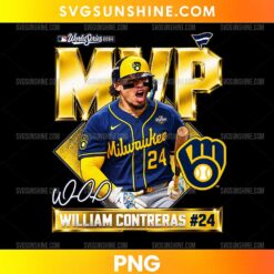 Milwaukee Brewers William Contreras MVP PNG featuring player number 24 in a navy blue and yellow uniform with gold MVP lettering and Brewers-inspired graphics.
