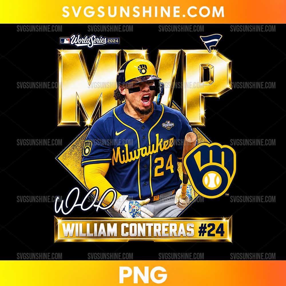 Milwaukee Brewers William Contreras MVP PNG featuring player number 24 in a navy blue and yellow uniform with gold MVP lettering and Brewers-inspired graphics.