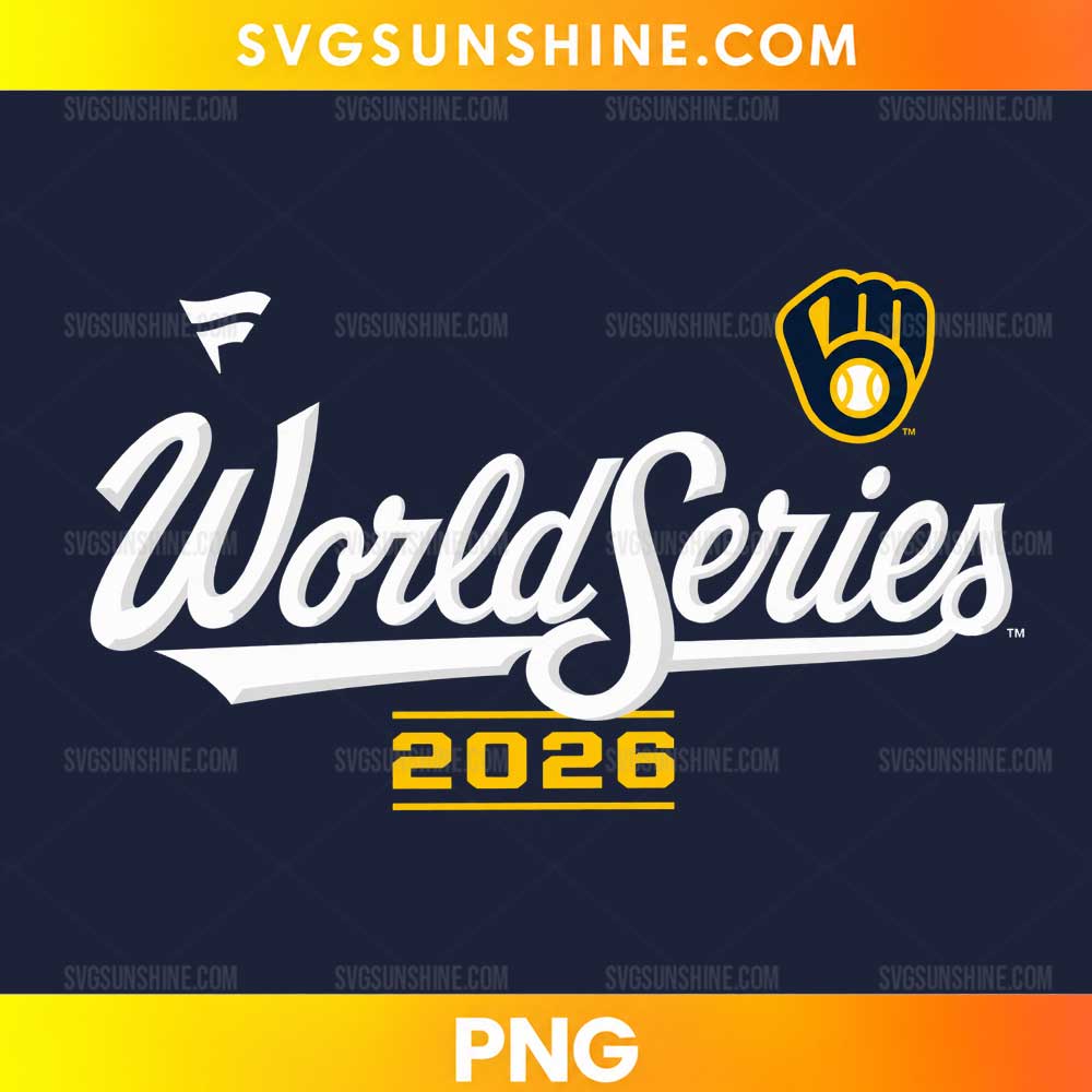 Milwaukee Brewers World Series 2026 PNG featuring white script lettering, golden yellow year numbers, and a navy blue baseball glove emblem