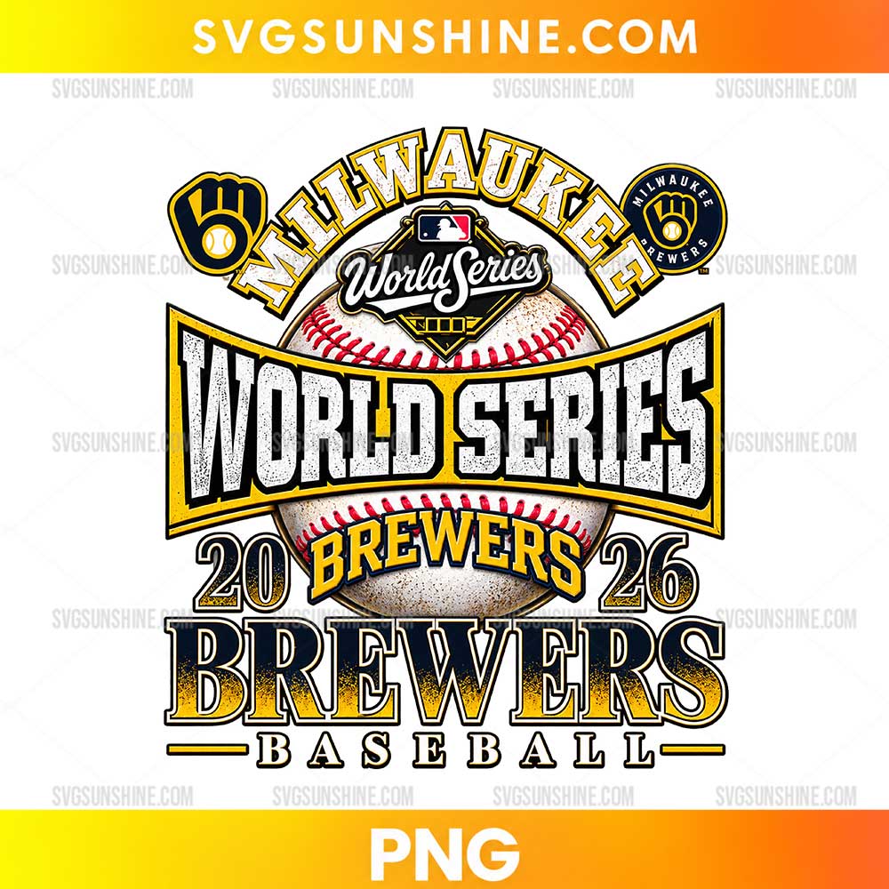 Milwaukee Brewers World Series 2026 PNG featuring bold black and gold lettering, a baseball with red stitching, and vintage baseball graphics.