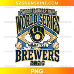 Milwaukee Brewers World Series 2026 PNG featuring a navy and gold baseball glove, diamond-shaped background, baseball illustrations, and bold Brewers lettering.