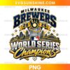Milwaukee Brewers World Series Champions 2026 PNG design with navy blue and gold lettering, baseball glove, city skyline, stars, and championship graphics.