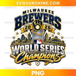 Milwaukee Brewers World Series Champions 2026 PNG design with navy blue and gold lettering, baseball glove, city skyline, stars, and championship graphics.