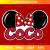 Minnie Mouse Coco SVG design with black mouse ears and red polka dot bow for Cricut and Silhouette projects