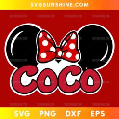 Minnie Mouse Coco SVG design with black mouse ears and red polka dot bow for Cricut and Silhouette projects