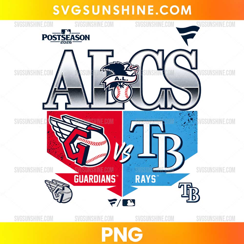 MLB ALCS 2026 Cleveland Guardians vs Tampa Bay Rays PNG featuring silver ALCS lettering, red and blue team-inspired panels, baseball graphics, and VS text.