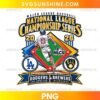 National League Championship Series 2026 PNG featuring a baseball player, gold championship lettering, colorful diamond graphics, and Dodgers vs Brewers elements