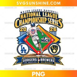 National League Championship Series 2026 PNG featuring a baseball player, gold championship lettering, colorful diamond graphics, and Dodgers vs Brewers elements