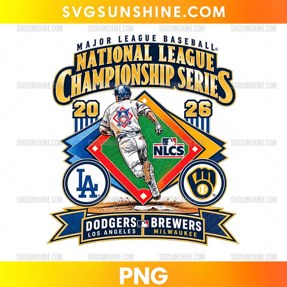 National League Championship Series 2026 PNG featuring a baseball player, gold championship lettering, colorful diamond graphics, and Dodgers vs Brewers elements