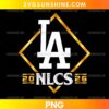 NLCS 2026 PNG featuring a white LA monogram, gold diamond frame, and silver championship lettering