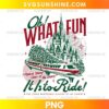 Oh What Fun It's a Ride PNG featuring a fairytale castle, passenger train, distressed red and green Christmas lettering, and sparkling stars.