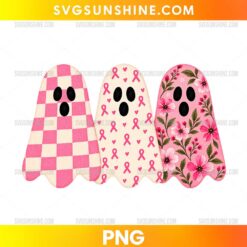 Pink Breast Cancer Awareness Ghosts PNG featuring three white ghosts with pink buffalo plaid, awareness ribbons, hearts, and floral patterns