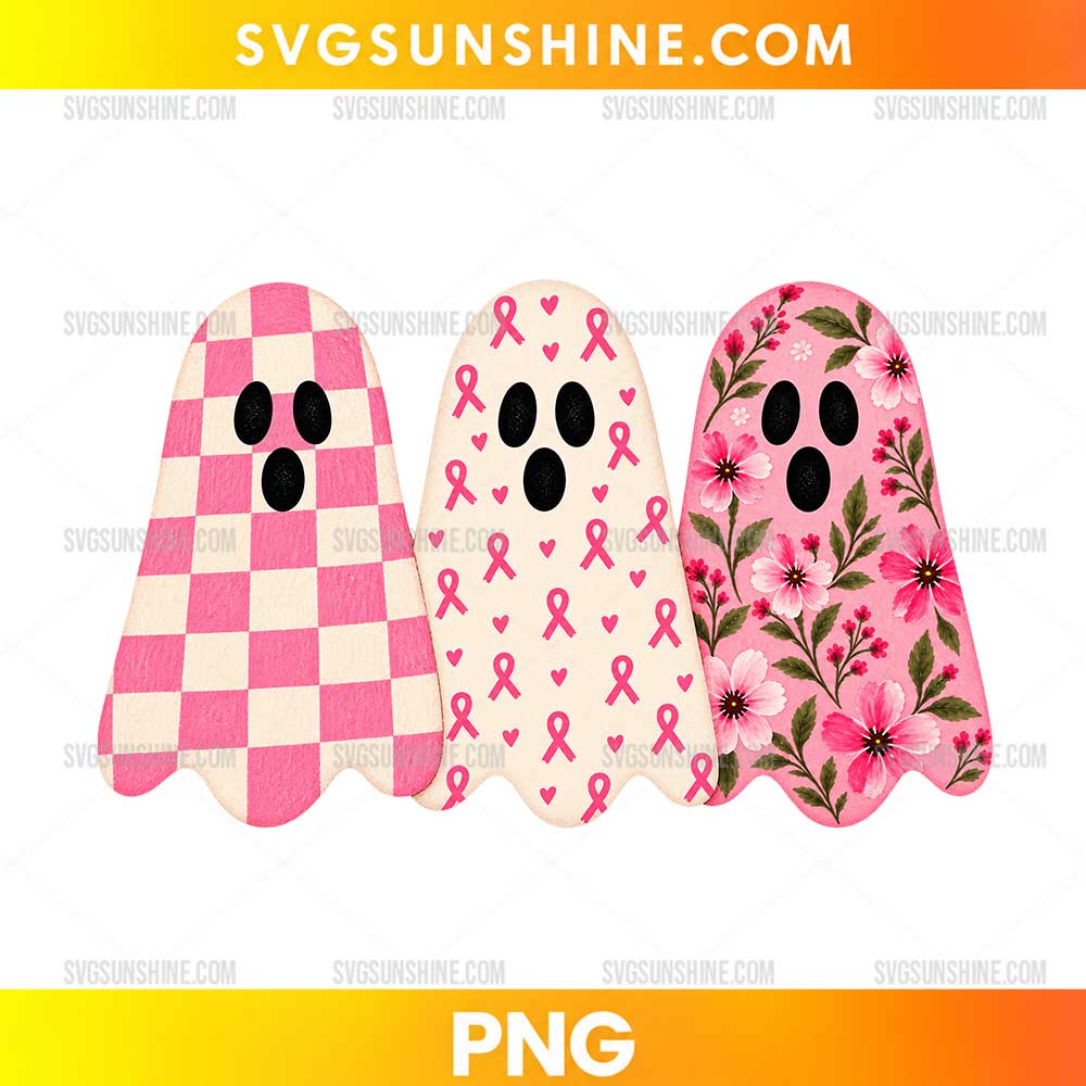 Pink Breast Cancer Awareness Ghosts PNG featuring three white ghosts with pink buffalo plaid, awareness ribbons, hearts, and floral patterns