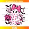 Pink Ribbon Ghost PNG featuring a white ghost with pink breast cancer awareness ribbons, a pink pumpkin bucket, black bats, and spiderwebs