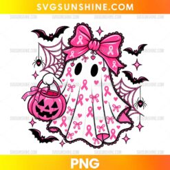 Pink Ribbon Ghost PNG featuring a white ghost with pink breast cancer awareness ribbons, a pink pumpkin bucket, black bats, and spiderwebs