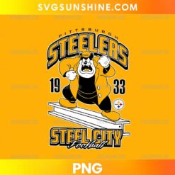 Pittsburgh Steelers Steel City Football PNG featuring a cartoon football character in a black and gold outfit with bold vintage-inspired lettering.