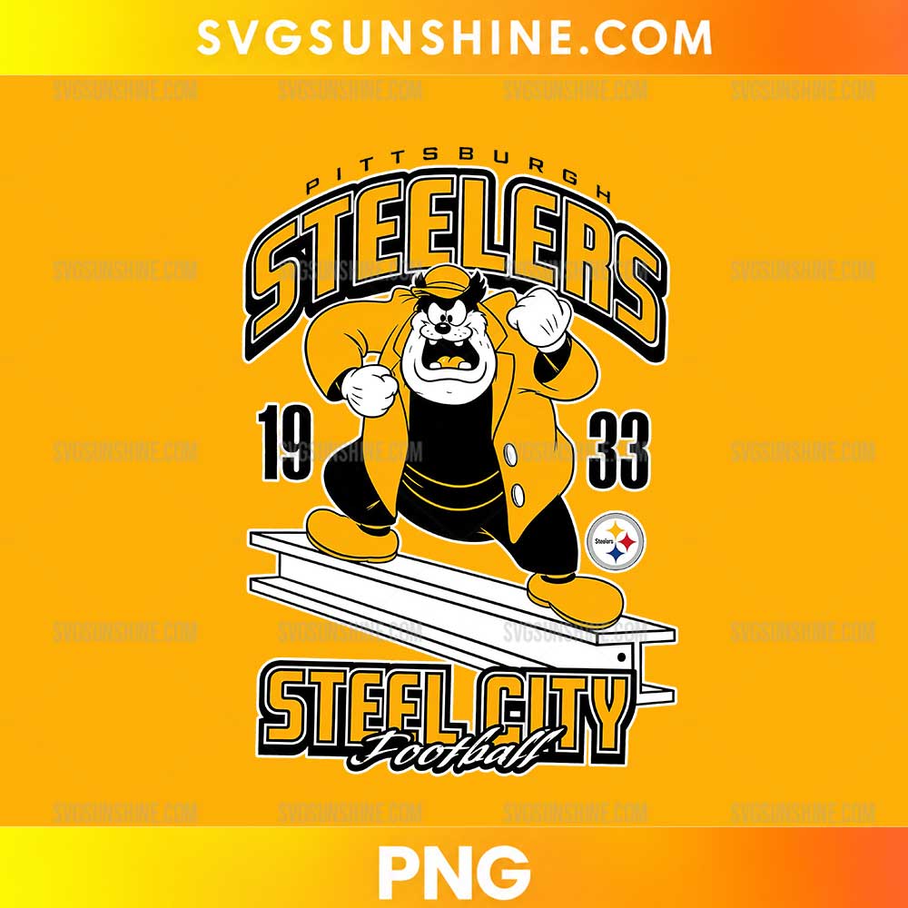 Pittsburgh Steelers Steel City Football PNG featuring a cartoon football character in a black and gold outfit with bold vintage-inspired lettering.