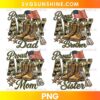 Proud Army Family PNG with Dad, Mom, Brother, and Sister designs featuring an American flag, camouflage lettering, combat boots, and military dog tags.