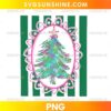 Retro Christmas Tree PNG featuring colorful pink and mint bows in a vintage oval frame with green stripes.
