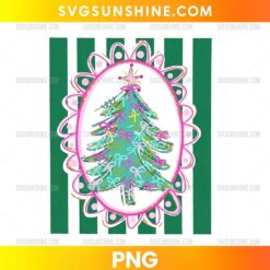 Retro Christmas Tree PNG featuring colorful pink and mint bows in a vintage oval frame with green stripes.