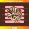 Retro Thanksgiving Turkey PNG featuring a colorful vintage turkey illustration with turquoise, brown, yellow, and pink accents.