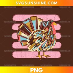 Retro Thanksgiving Turkey PNG featuring a colorful vintage turkey illustration with turquoise, brown, yellow, and pink accents.