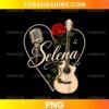 Selena Rose Guitar Music PNG featuring a red rose, acoustic guitar, vintage microphone, musical notes, and heart-shaped frame.
