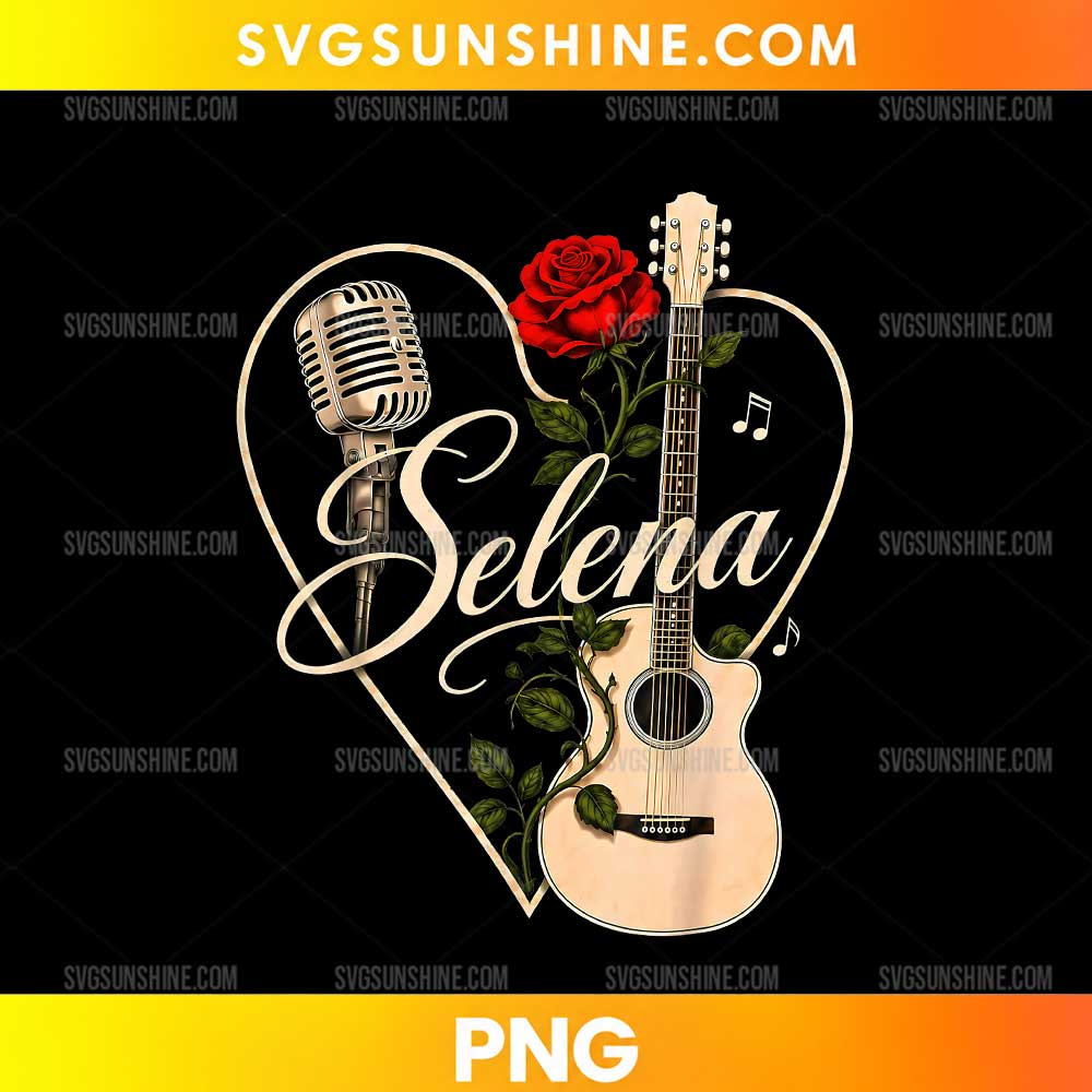 Selena Rose Guitar Music PNG featuring a red rose, acoustic guitar, vintage microphone, musical notes, and heart-shaped frame.