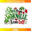 She's from Whoville I Can Tell PNG featuring bold green lettering, red hearts, two Santa hats, black starbursts, and festive Christmas details.